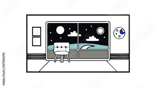 Night ocean view room interior design with chair moon stars clouds and modern decor illustration