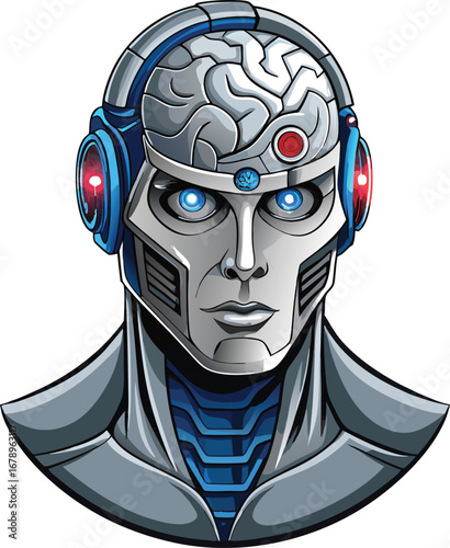 Futuristic AI Robot Head with Brain and Glowing Eyes