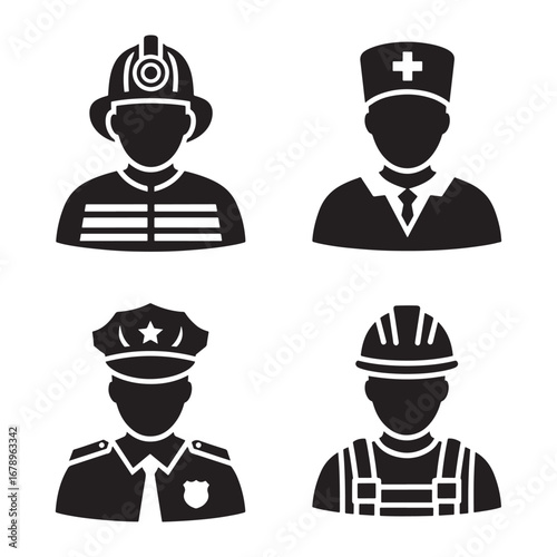 Diverse Professions Represented in Black and White Icons Firefighter Doctor Police Officer Construction Worker Showcasing Essential Services and Community Roles in Simple Graphic Design