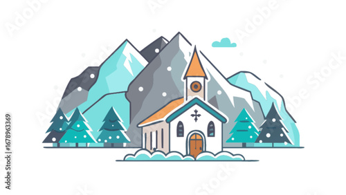 Winter landscape with church snowy mountains and pine trees vector illustration design art