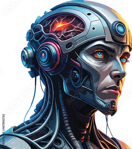 Detailed Cyberpunk Cyborg Head with Glowing Brain and AI