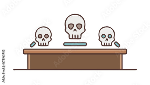Three skulls on desk vector illustration death concept halloween decoration spooky design element art