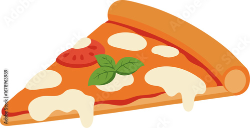 Delicious pizza slice with melted cheese, tomato, and basil isolated on white, ready to eat