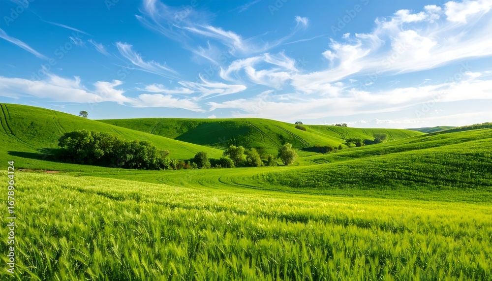 Fototapeta premium Lush green fields under a vibrant blue sky