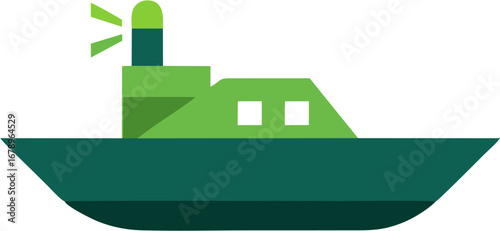 Abstract green ship icon with a guiding light, representing concepts of oceanic exploration, marine transport, and safe navigation across waters, ideal for maritime-themed designs and digital projects