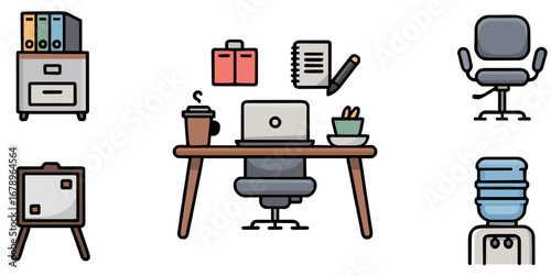 A complete office setup with a desk, chairs, filing cabinet, whiteboard, and water cooler for your business workspace needs