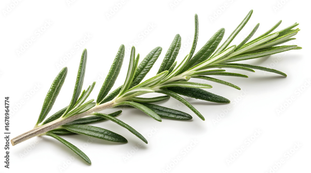 Fototapeta premium A single sprig of fresh green rosemary with needle like leaves on a white background herb