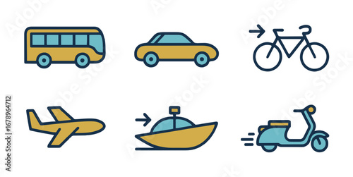 Explore your world with a diverse collection of transportation icons including a bus car bicycle plane boat and scooter for all your travel needs