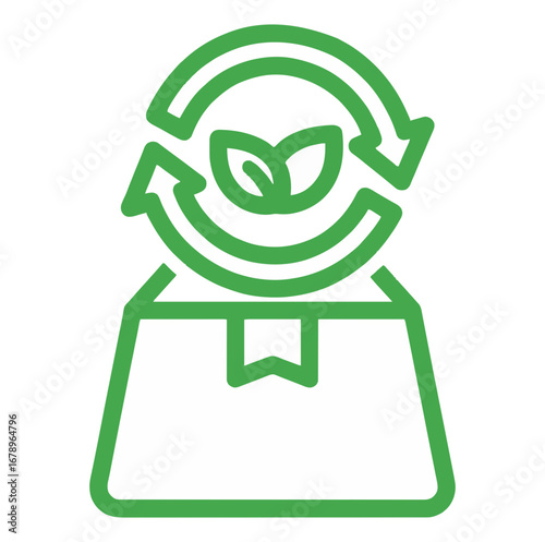 Sustainable packaging and recycling process represented by a green recycle symbol over a box, symbolizing eco friendly logistics and circular economy initiatives