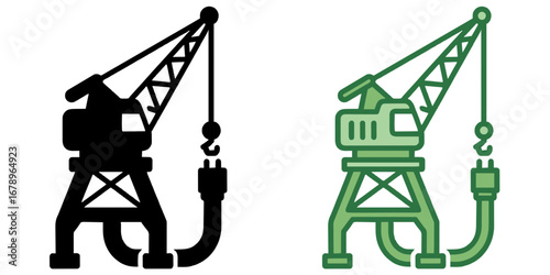 Stylized graphic depiction of a robust port crane, featuring a prominent hose for efficient bulk material transfer in maritime logistics operations