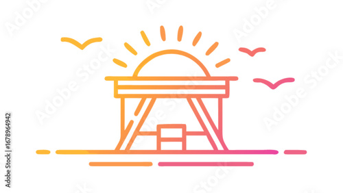 Beach lifeguard tower with sun and birds vector illustration summer vacation scene outline art