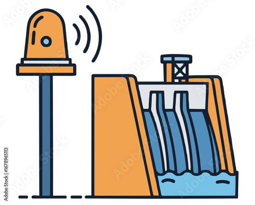 Hydroelectric dam with an integrated safety alert system, symbolizing sustainable energy generation and vital infrastructure monitoring for operational security