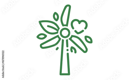 Eco-friendly windmill design with leaves and a heart, symbolizing sustainable energy, environmental conservation
