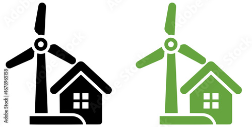 Illustrations of eco-friendly homes powered by wind turbines, representing sustainable living and green energy solutions for a cleaner environment