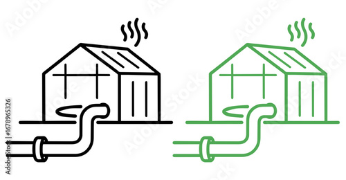 Greenhouse icon with chimney and pipe, symbolizing ventilation, heating, and environmental control for plant cultivation and sustainable farming practices