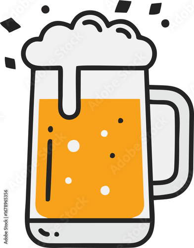 Hand-drawn cartoon illustration of a frosty beer mug with a foamy head, a symbol of celebration and refreshment