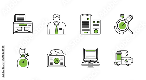 Set of versatile thin line icons depicting business management, financial tools, office electronics, and technology concepts for web design