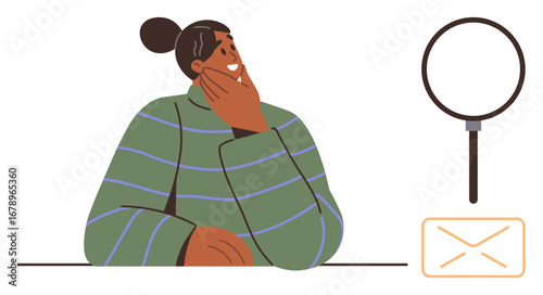 Person contemplating while touching chin, alongside a magnifying glass and an envelope. Ideal for communication, analysis, search, email engagement, investigation, decision-making, and curiosity