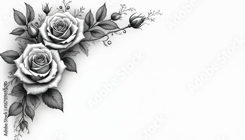 Fototapeta Naklejka Na Ścianę i Meble -  Monochrome rose corner design featuring two blooming roses, buds, leaves. Elegant floral illustration with black, grey tones on white background perfect for invitations, cards, wedding designs.