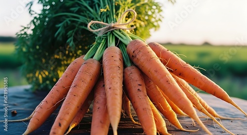 Freshly Harvested Carrots Tied Together.