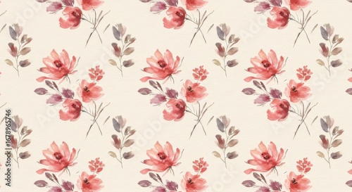 Watercolor Floral Pattern: Red Flowers and Leaves on Cream Background.