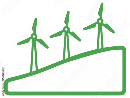 Three green wind turbines standing tall on a grassy hill powering a clean energy future for a sustainable planet