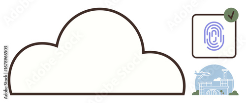 Cloud outline connected to secure fingerprint authentication and travel icon with airport setting. Ideal for cybersecurity, cloud storage, data protection, biometric authentication, travel security