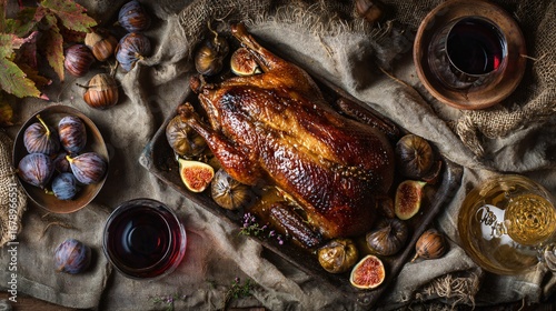 A flat lay of roasted duck with autumn glaze, surrounded by figs, chestnuts, and red wine on rustic linen, deep browns and golds, top-down moody styling, copy space