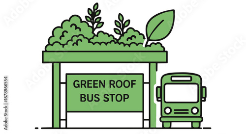 A charming green roof bus stop offers a sustainable urban transit experience while a friendly bus awaits passengers