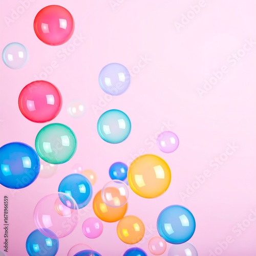 Colorful soap bubbles against a pastel pink background