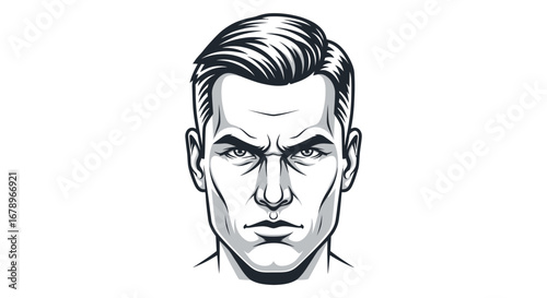 Intense Mans Face: Detailed Black and White Illustration.