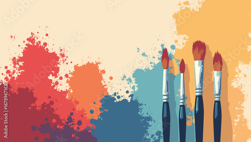 Paintbrushes, paint tubes, color swatches overlapping on canvas-grain backdrop, palette: cadmium red, ultramarine, titanium white, ochre