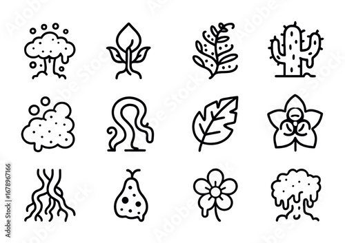 Toxic Alien Flora Icons. Outline icon set of toxic alien flora: spore blossom, venomous bud, toxic fern, acid