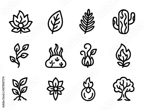 Volcanic Flora Icons. Outline icon set of volcanic flora: lava blossom, magma leaf, ember fern, molten cactus,
