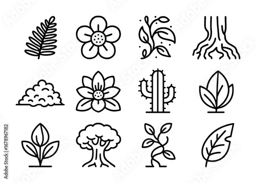 Jungle Flora Icons. Outline icon set of jungle parallel flora: oversized fern, giant blossom, glowing vine,