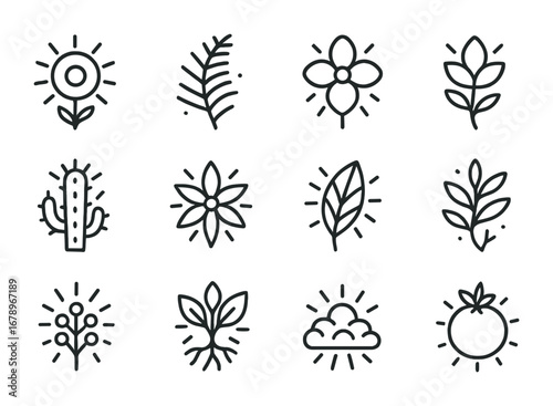 Radiant Flora Icons. Outline icon set of radiant flora: sun blossom, glowing fern, radiant petal, solar bud,