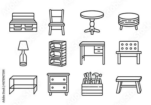Eco-Friendly Furniture Icons. Outline icon set of furniture from waste: pallet sofa, reclaimed wood chair,