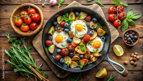 Healthy Breakfast Skillet with Eggs Potatoes Berries and Tomatoes on Wood