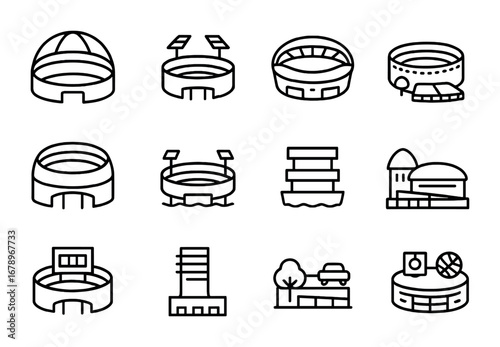 Hybrid Stadium Icon Set. Outline icon set of hybrid stadiums: retractable dome, solar lighting system, green