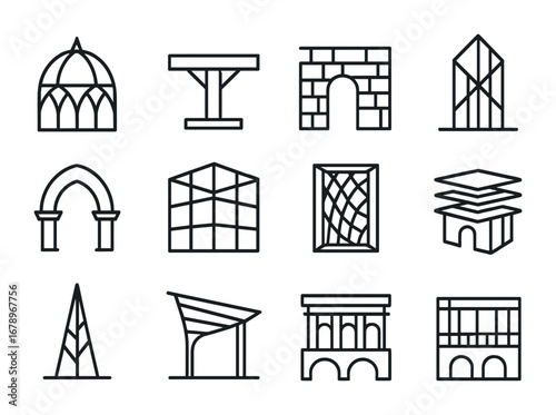 Architectural Fusion Icons. Outline icon set of architectural fusions: gothic dome, modern steel beam, stone