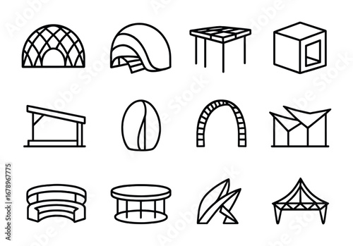 Hybrid Pavilion Icons. Outline icon set of hybrid pavilions: cultural dome, eco shell, wooden steel canopy,