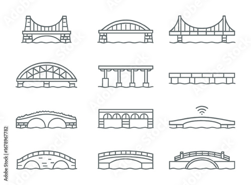 Hybrid Bridge Icons. Outline icon set of hybrid bridges: cable-stone fusion, wooden arch, steel suspension,