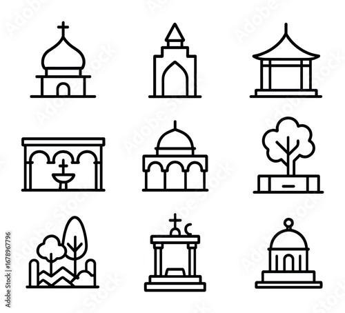 Hybrid Religious Monuments. Outline icon set of hybrid religious monuments: cathedral-mosque dome, temple