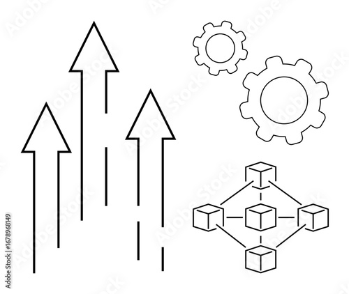 Arrows pointing upward, large and small gears, and a modular network of cubes. Ideal for growth, teamwork, innovation, development, system optimization, connectivity simple landing page