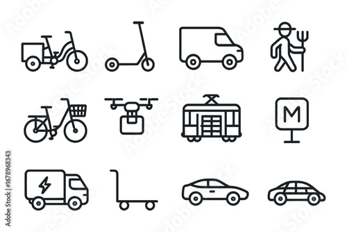 Sustainable Farm Transport Icons. Outline icon set of sustainable transport for farms: cargo bike, electric