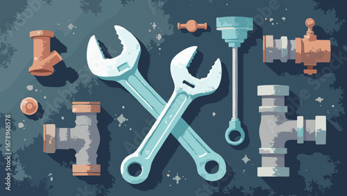 Plumbing wrenches, pipe fittings, plungers overlapping on slate, palette: pipe gray, rubber black, aqua, concrete