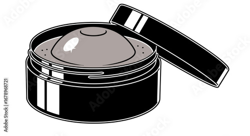 A black jar with an open lid revealing a gray substance inside.
