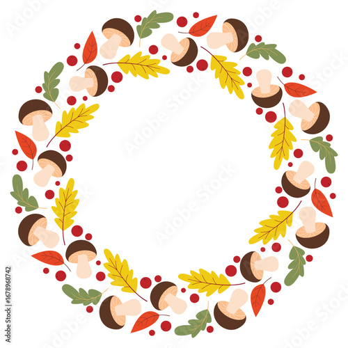 Round rim of forest boletus, cranberry and foliage. Nature autumn wreath. Empty circular frame of forest mushrooms, oak leaves and berries, vector graphic