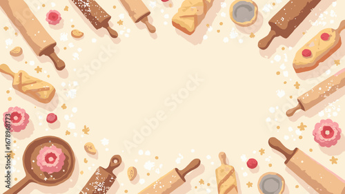 Rolling pins, pastry cutters, baking molds confectionery motif on cream, palette: sugar white, pastry gold, rose, warm brown