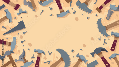 Hammers, saw blades, nails carpentry tools pattern on plywood texture, palette: timber, iron, sawdust beige, oxblood